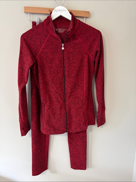 Beyond Yoga Pants - Beyond Yoga SET Peplum Back Jacket Red Spacedye Top Full Zip High Rise Pant Sz M